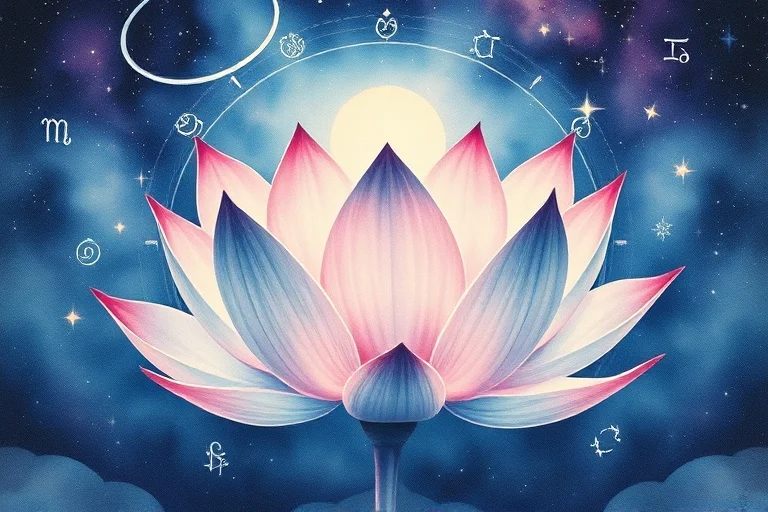 Watercolor painting of a blooming lotus flower with celestial glow