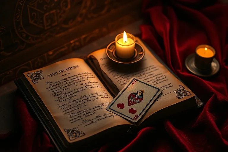 An ornate, leather-bound journal open to a page with handwritten notes on card interpretations, next to a small, flickering candle and a single, well-worn playing card (e.g., the Queen of Hearts) placed delicately on a velvet cloth, depicted in a cinematic still life.