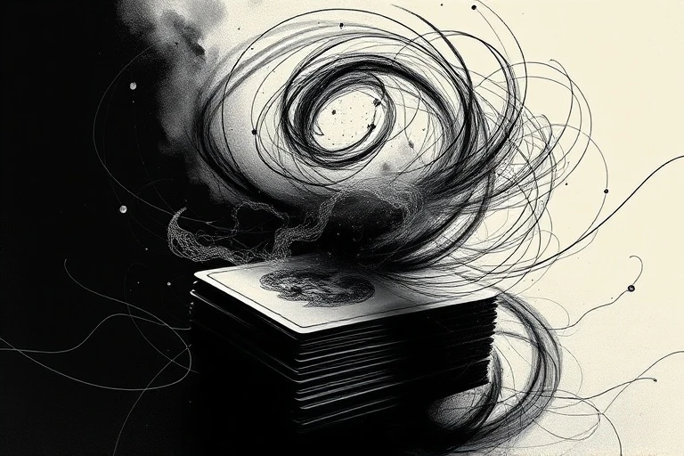 A swirling vortex of light and shadow emanating from a stack of playing cards, with abstract representations of fate and choice intertwining. The cards are partially obscured, suggesting mystery and the unseen forces of destiny, rendered in a dynamic, energetic conceptual art style.