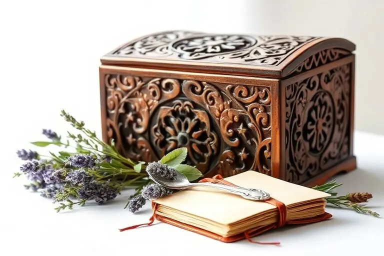 Watercolor painting of an antique wooden chest with dried herbs, a diary, and a spoon, symbolizing traditional care and personal reflection.