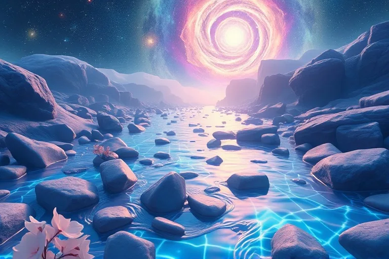 Digital 3D illustration of an iridescent river winding through polished stones and glowing flora under nebulae, symbolizing emotional healing and connection.