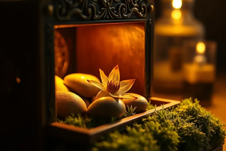 Cinematic still life of an ornate wooden box, slightly open, revealing glowing light, polished river stones, and a dried flower on moss, symbolizing emotional sustenance and hidden depths.