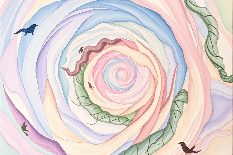 Conceptual art painting depicting a swirling vortex of pastel colors merging and separating, with abstract forms resembling intertwined roots, symbolizing complex emotional energies and deep foundational connections in relationships.