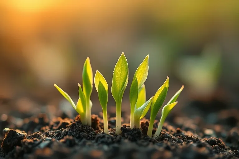 Watercolor painting of green shoots emerging from dark soil, symbolizing life cycles.