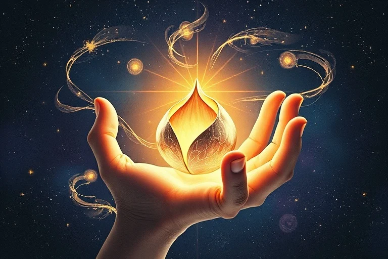 3D digital illustration of a glowing seed pod cradled by abstract light hands, symbolizing healing and support.
