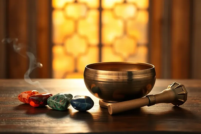 Cinematic still life photography of chakra stones and a singing bowl on a dark wooden surface with soft backlighting and incense smoke.