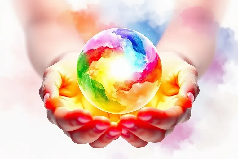 Abstract watercolor painting of cupped hands holding a glowing sphere of light transitioning through chakra colors, with flowing energy lines.