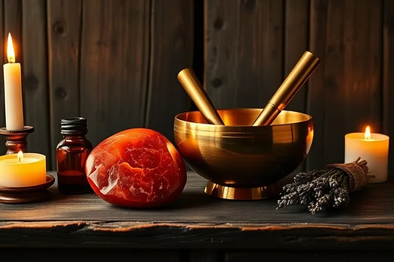 A collection of spiritual objects including a red jasper, orange carnelian, golden singing bowl, lavender essential oil, and dried sage, arranged on an antique wooden altar with soft candlelight.