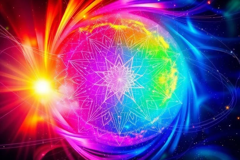 Abstract conceptual art showing a harmonious blend of iridescent colors (red, orange, yellow, green, blue, indigo, violet) swirling together, representing the interconnectedness and flow of universal energy.