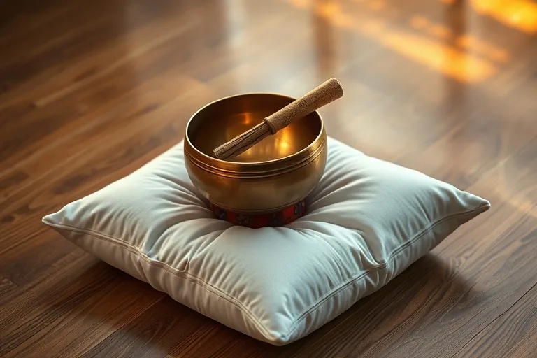 Cinematic still life of a white meditation cushion on a wooden floor, a brass singing bowl with a mallet, and an unlit Palo Santo stick, bathed in soft, warm lighting.