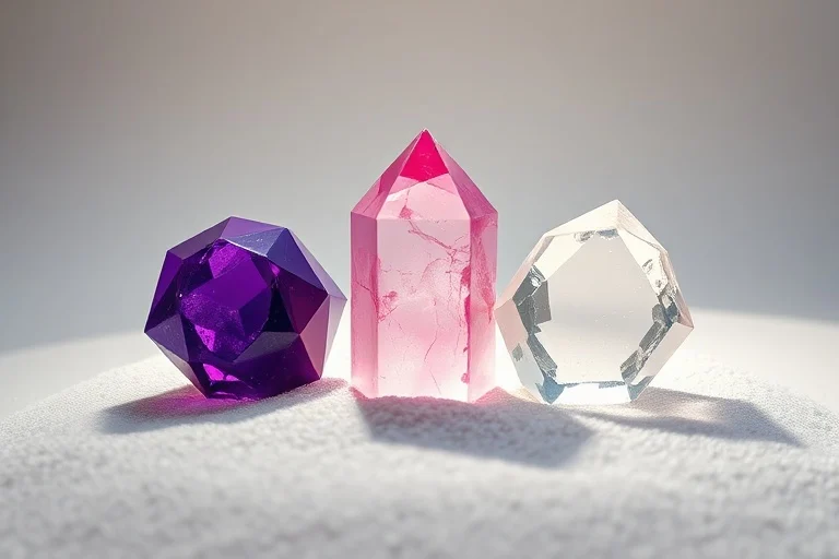Abstract conceptual art of polished, colorful healing crystals (amethyst, rose quartz, clear quartz) arranged organically on white sand, illuminated by shifting light, representing energy flow.
