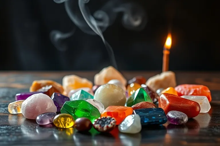 Arrangement of various raw and polished crystals (amethyst, rose quartz, citrine, emerald, lapis lazuli, carnelian, red jasper) on a dark wooden surface, with a burning incense stick in the background, illuminated by soft light. No human elements.