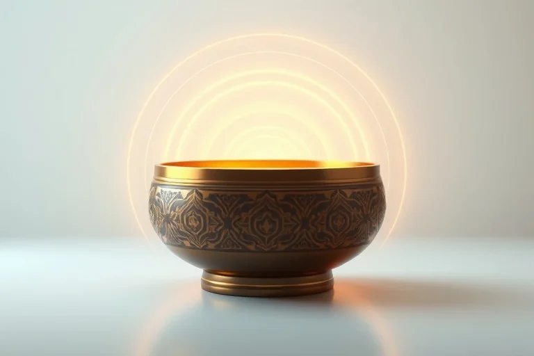 Stylized 3D digital illustration of sound waves emanating from a Tibetan singing bowl, creating concentric circles of light in a tranquil, minimalist space with gradient colors. No human figures.