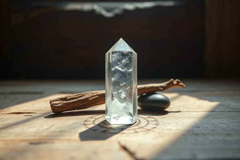 A cinematic still life featuring a clear quartz crystal, palo santo, and a river stone on a wooden altar, symbolizing tools for energy work.