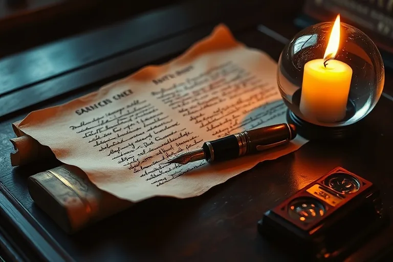 A vintage fountain pen on a parchment scroll with illegible automatic writing, illuminated by a flickering candle and a crystal ball on an antique desk.
