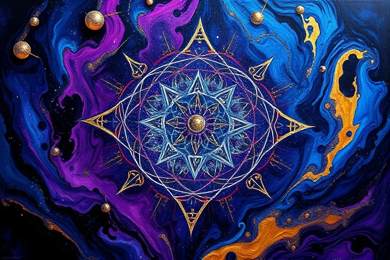 An abstract oil painting with swirling blues, purples, and golds, forming intricate, fractal-like patterns, conveying energetic movement and hidden meaning.