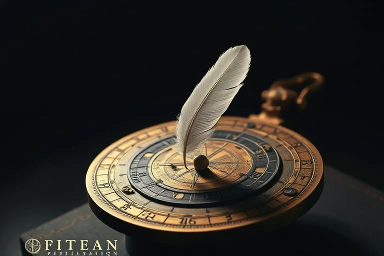 Cinematic still life photography of an ancient astrolabe with a balancing feather