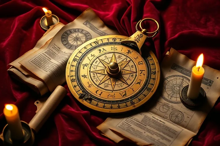 Cinematic still life photography, an antique brass astrolabe resting on a velvet cloth, surrounded by aged parchment scrolls depicting astrological symbols, soft candlelight, dramatic shadows, focus on texture and historical ambiance, NO humans, NO faces, NO people.