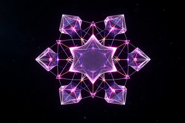 3D render of interconnected geometric shapes, glowing with subtle energy, forming a complex web against a dark, abstract background. The shapes represent astrological aspects and their intricate relationships, conceptual, minimalist, NO humans, NO faces, NO people.