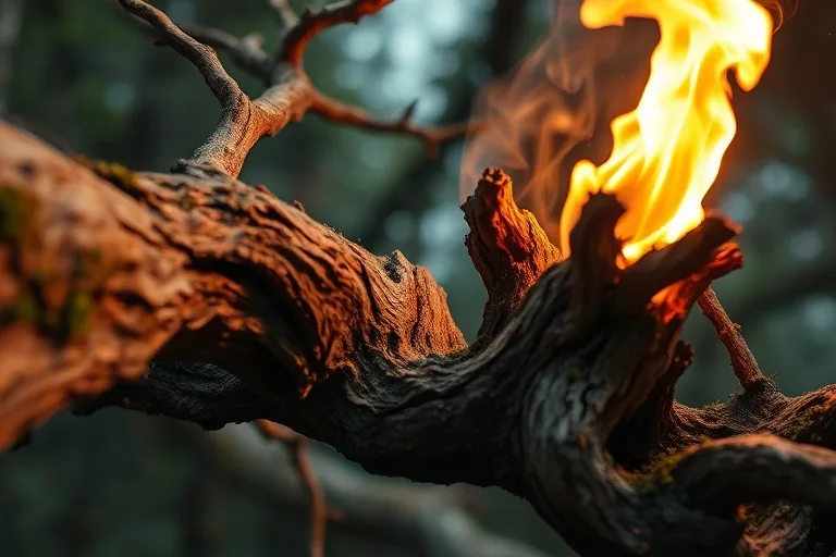 Cinematic still life of a gnarled, ancient tree branch reaching towards a vibrant, flickering flame, symbolizing the dynamic interplay of Wood and Fire. The scene is bathed in warm, dramatic lighting.