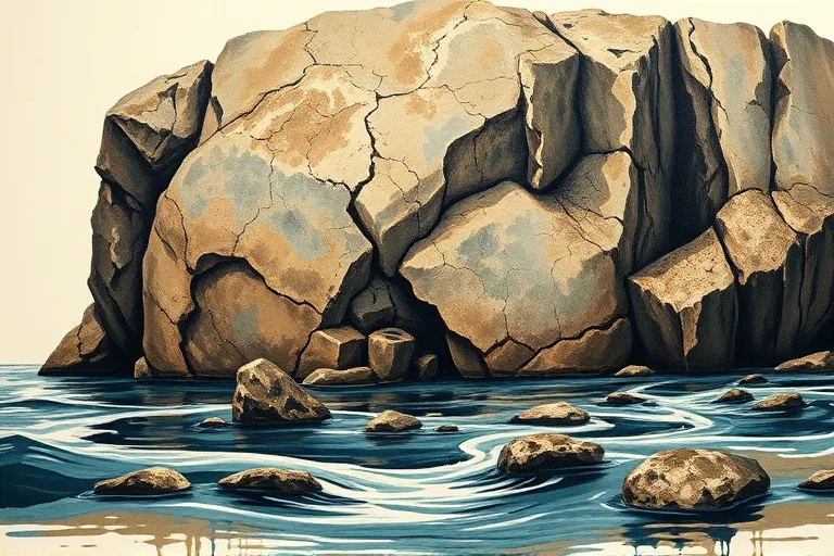 Abstract oil painting depicting a serene landscape where a solid, textured rock formation (Earth) is gently eroded by flowing, reflective water, with subtle metallic glints embedded in the stone.