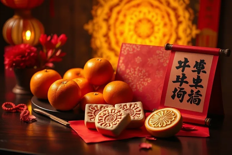 Traditional Chinese New Year offerings, tangerines, red envelopes, Nian Gao, calligraphy scroll, warm lighting.