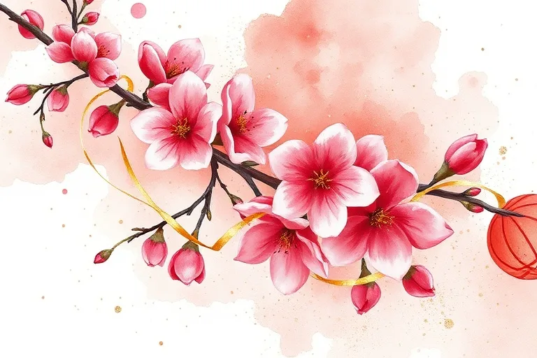 Abstract watercolor painting of plum blossoms, golden ribbons, shimmering patterns, symbolizing renewal and prosperity.