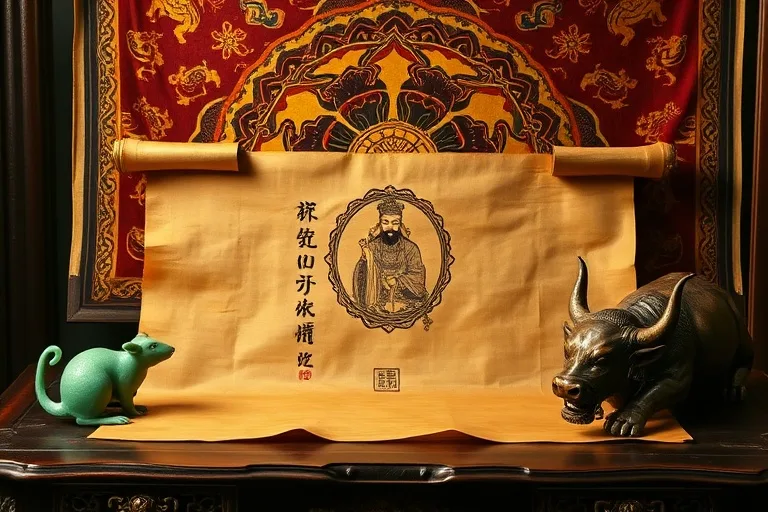 Ancient Chinese artifacts including a scroll of the Jade Emperor, jade rat, bronze ox, and tiger tapestry, symbolizing the Great Race.