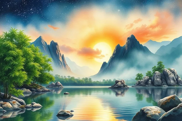 Watercolor painting of a tranquil landscape symbolically representing the five elements: Wood, Fire, Earth, Metal, and Water.