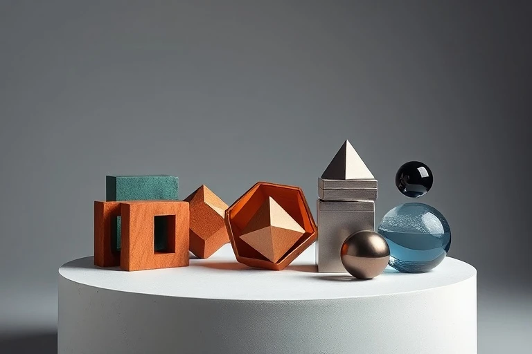 Abstract geometric shapes representing the five Chinese elements: wood, fire, earth, metal, water, arranged on a minimalist pedestal.