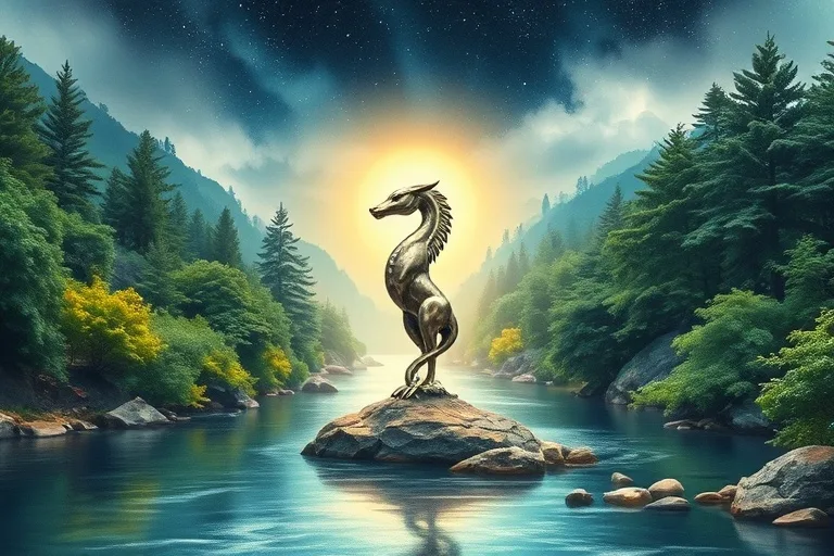 A watercolor painting depicting a serene river, a vibrant forest, and a subtle warm glow, with a metal sculpture on earth, symbolizing the harmony of elements.