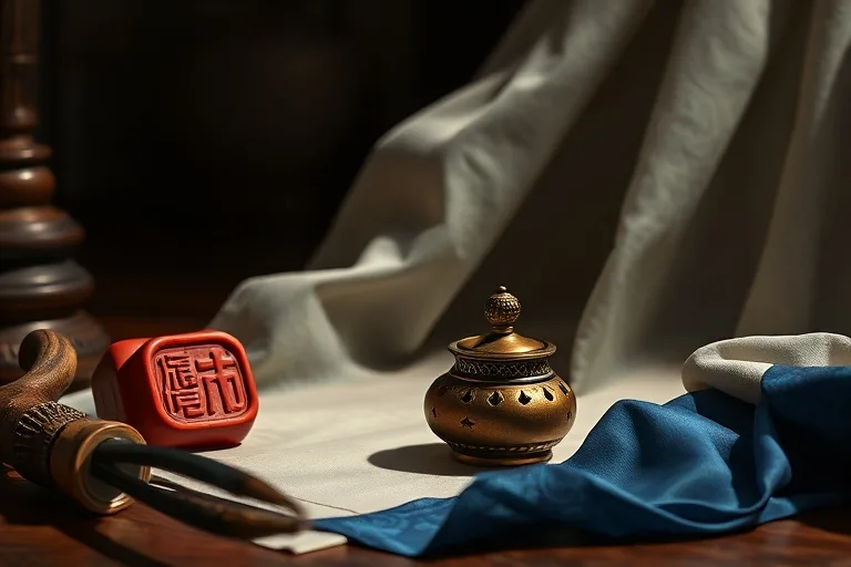 Cinematic still life of antique Chinese calligraphy tools and silk scrolls, representing the five elements through color and texture.