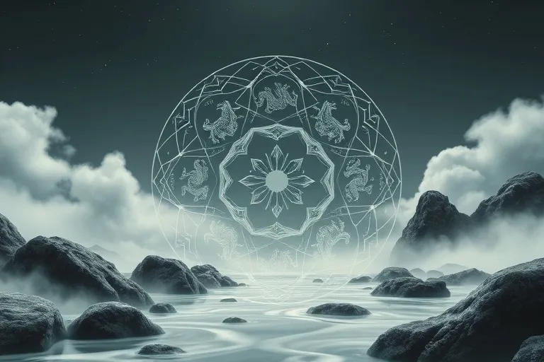 Conceptual art depicting abstract representations of the twelve Chinese zodiac animals integrated into a serene, muted landscape.