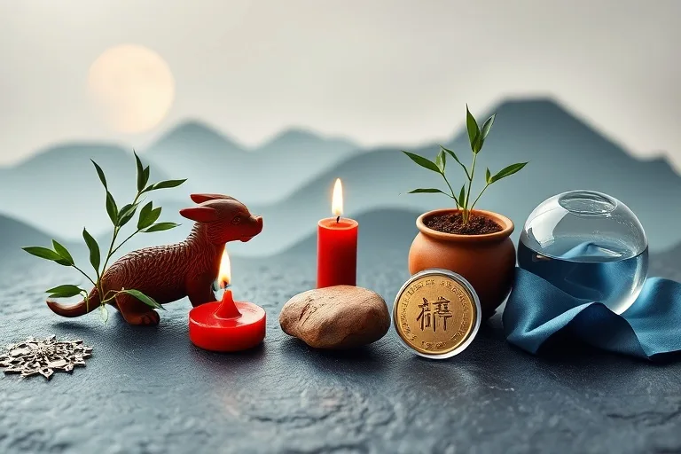 Still life of objects representing the five elements