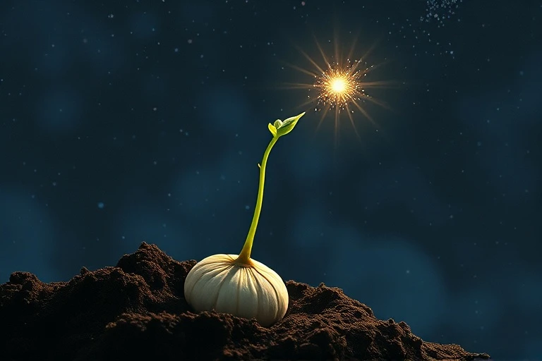 Conceptual art of a seed sprouting towards a star, symbolizing destiny