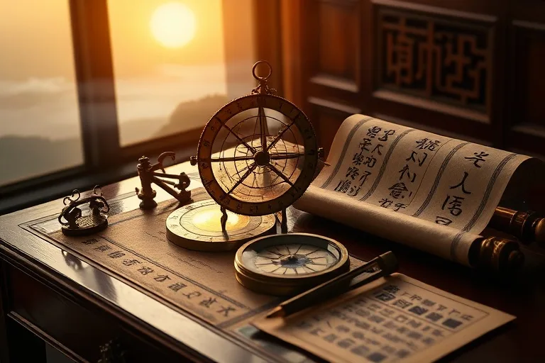 A meticulously arranged still life featuring antique celestial navigation tools—a brass astrolabe, a worn compass, and ancient scrolls with Chinese characters—resting on a polished dark wood desk, illuminated by a soft, warm glow. Focus on texture and intricate details, suggesting ancient wisdom guiding modern choices. No living beings.