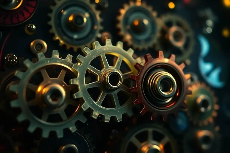 A close-up macro shot of interconnected gears and cogs, some made of jade and others of polished steel, slowly turning within a dimly lit, ethereal space. The gears are surrounded by faint, swirling patterns of energy, representing the intricate mechanics of destiny and professional alignment. No human elements.
