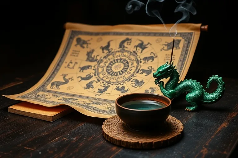 Ancient scroll with Chinese zodiac animals, jade dragon, water bowl, and incense stick on a wooden table.