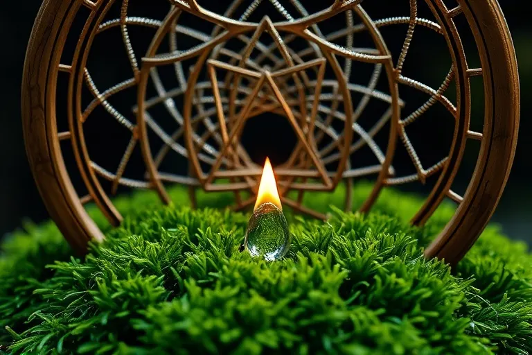 Abstract sculpture of intertwining metallic threads and wood, representing elemental cycles, on moss with a water droplet and flame.