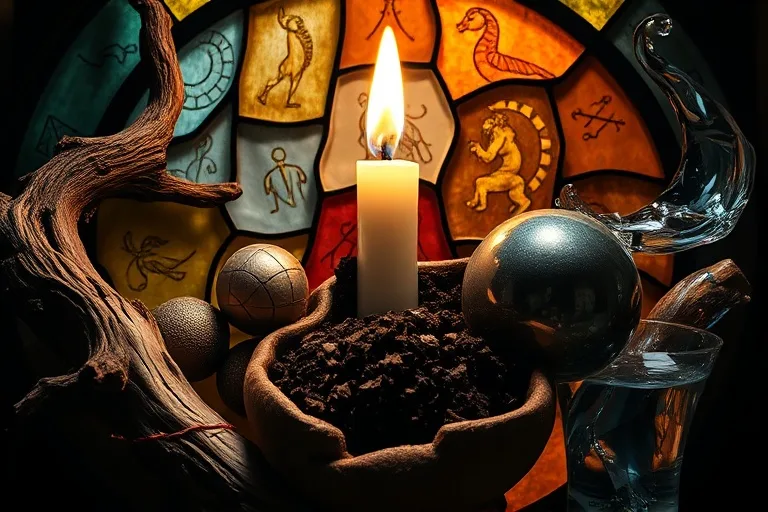 Oil Painting: A still life composition featuring five distinct, stylized objects, each representing one of the Five Elements (e.g., a gnarled wooden branch, a flickering candle, a handful of rich soil, a polished metal sphere, a swirling glass of water). The objects are arranged in a dynamic, circular pattern, illustrating both harmonious flow and subtle tension between them. Extreme close-up macro photography.