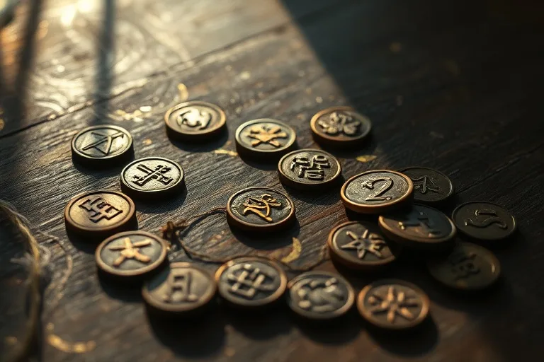 Cinematic Still Life: A dimly lit, antique wooden table with a scattered collection of ancient Chinese coins, some perfectly aligned, others slightly askew or overlapping, casting long, dramatic shadows. A single, delicate silk thread, partially frayed, runs across the coins, symbolizing hidden connections and potential discord. The atmosphere is mysterious and reflective. Extreme close-up macro photography.