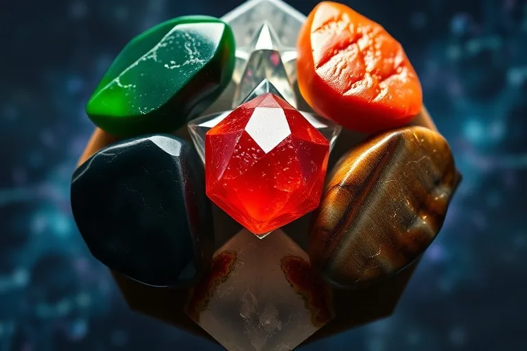 A close-up macro shot of various elemental stones (jade, obsidian, carnelian, quartz, tiger's eye) arranged on a dark wooden table, with soft light, symbolizing natural harmony and balance.