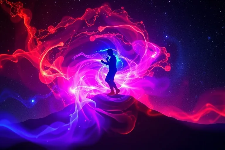 Abstract conceptual art showing fiery red and deep blue energy currents intertwining and transforming into harmonious purple light against a swirling galaxy background, representing conflict resolution.
