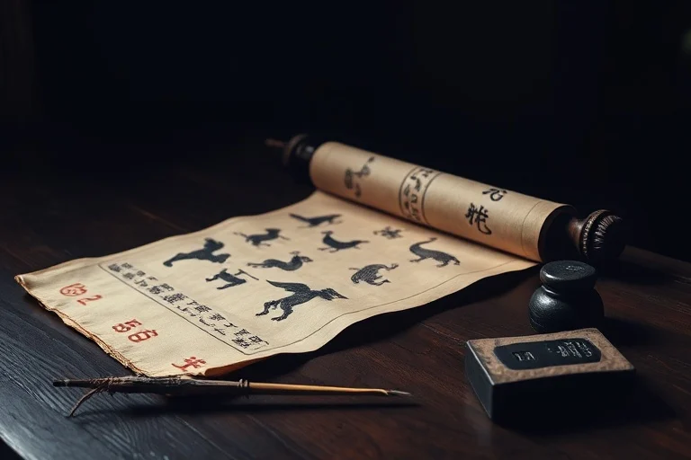 An antique scroll with faded ink drawings of various Chinese zodiac animals, partially unrolled on a dark wooden table, next to a traditional calligraphy brush and ink stone, under soft, dramatic lighting.