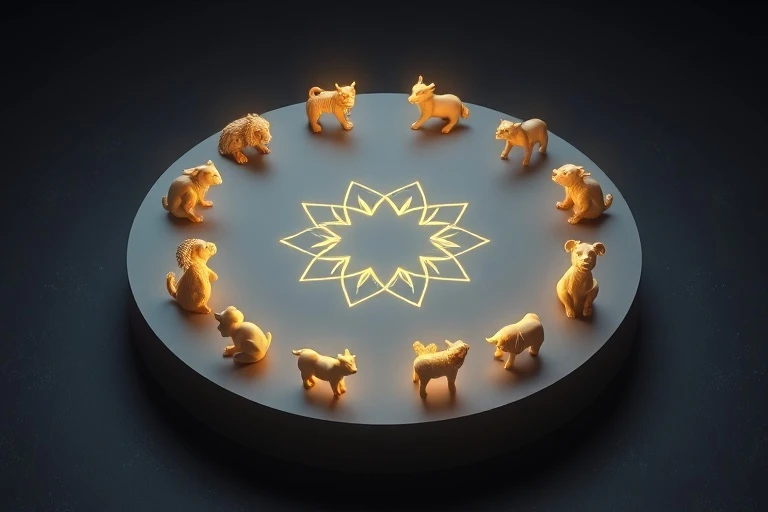 A 3D isometric render of twelve miniature, stylized animal figurines (rat, ox, tiger, rabbit, dragon, snake, horse, goat, monkey, rooster, dog, pig) arranged in a precise circular order on a minimalist pedestal, glowing with soft, ethereal light against a dark, abstract background.