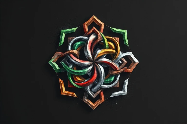 Interlocking geometric shapes in 3D render, each representing a distinct element (green wood, red fire, brown earth, silver metal, blue water) in a dynamic, balanced arrangement.
