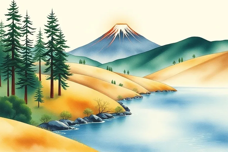 Serene watercolor landscape where sections represent elements: green forest (Wood), distant volcano (Fire), golden hills (Earth), silver river (Metal), calm lake (Water), flowing into each other.