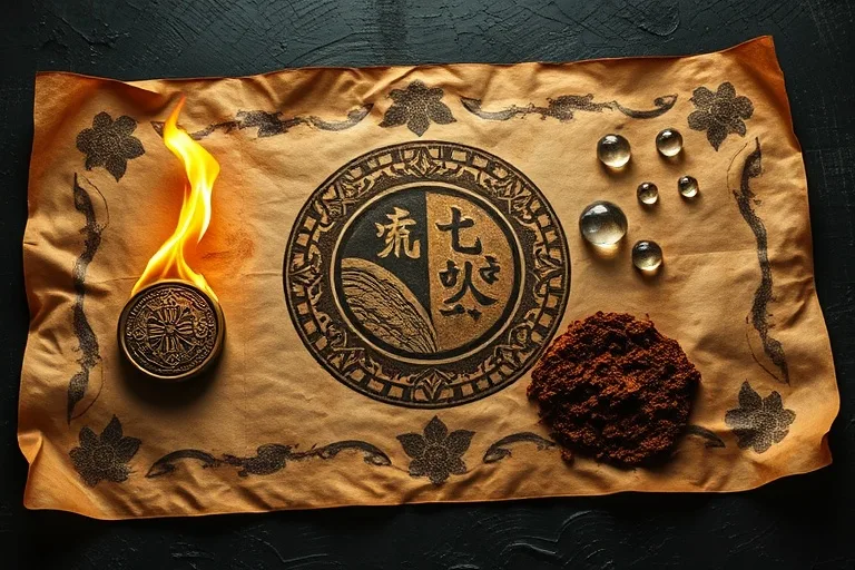 Ancient Chinese scroll with elemental symbols and a flame, coin, water, earth