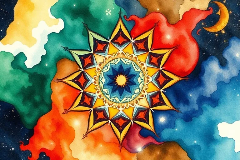 Abstract watercolor painting of the five elements flowing and merging