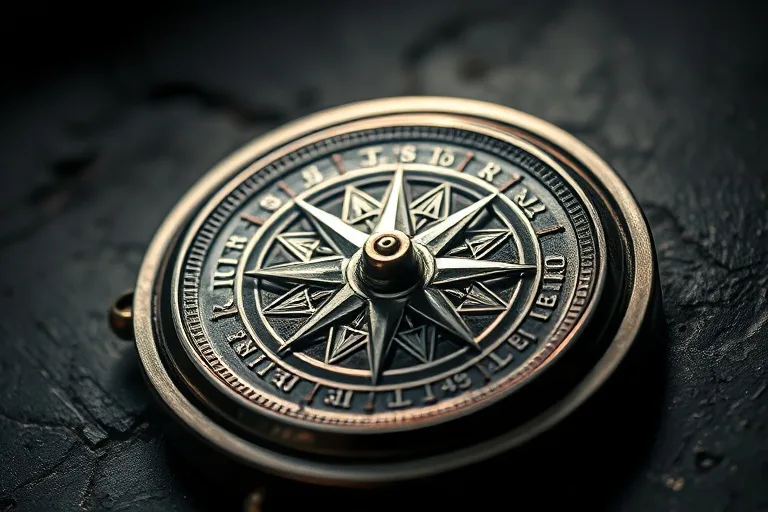 Cinematic close-up of an antique silver compass, symbolizing the Metal element's precision and structure.